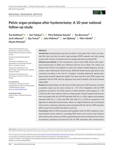 Pelvic organ prolapse after hysterectomy: A 10‐year national follow‐up.